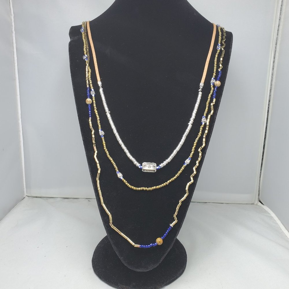 BKE 3 STRAND TRICOLOR NECKALCE GOLD-SILVER-TAN CORD